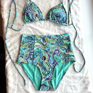 aerie Turquoise & Purple Paisley High-Waist Bikini Set